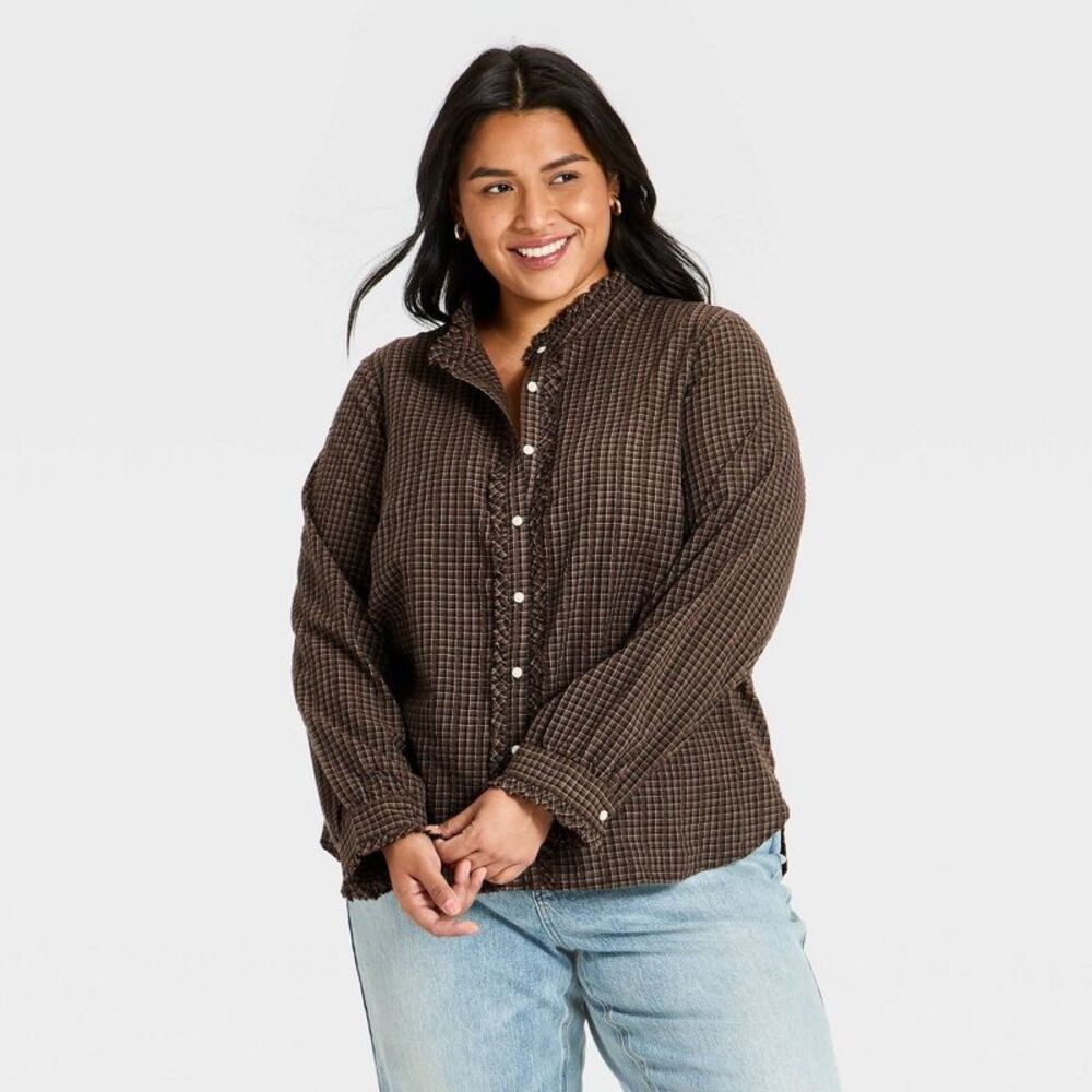 Women's Ruffle Collar Long Sleeve Plaid Button-Up Blouse - Brown XXL